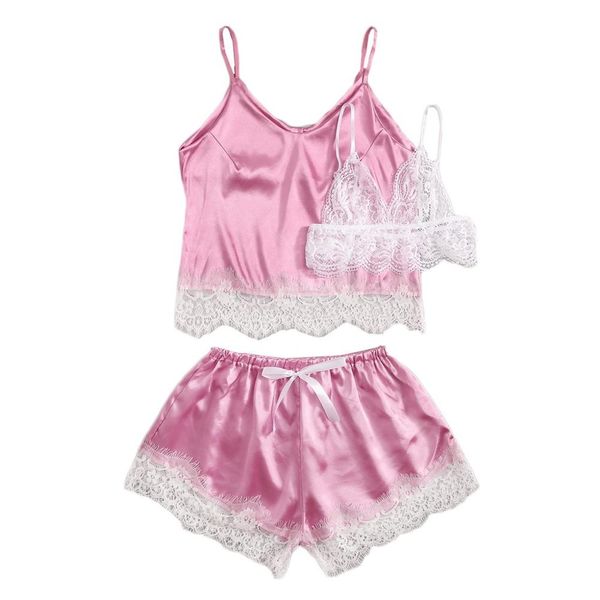 

3pc women's pajamas set satin white lace bowknot silk camisole set shorts and sleepwear lingerie nightwear pijama, Black;red