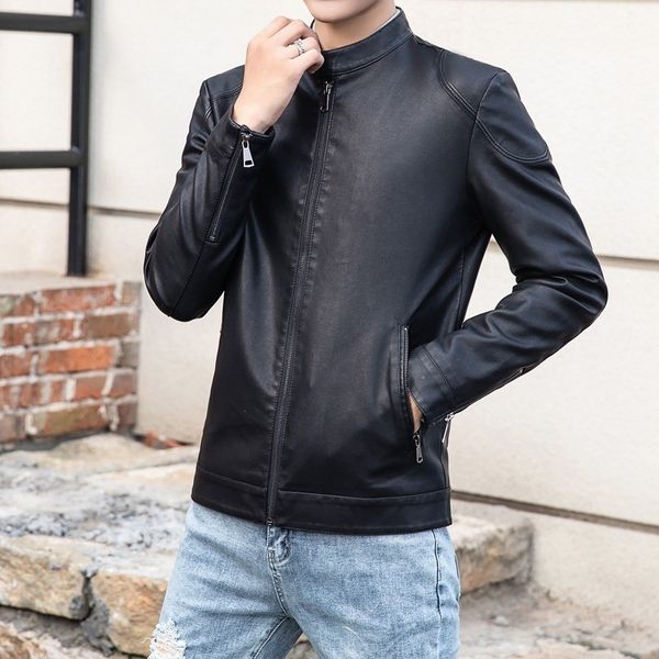 

2019 autumn and winter fashion men's wear stand collar long sleeved collage loose lady motorcycle leather pu leather coat, Black
