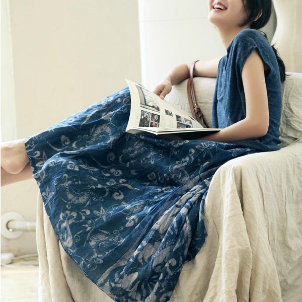 

summer 2020 new literature and art thin ramie ethnic style batik printing pleated large swing long skirt 0614, Black