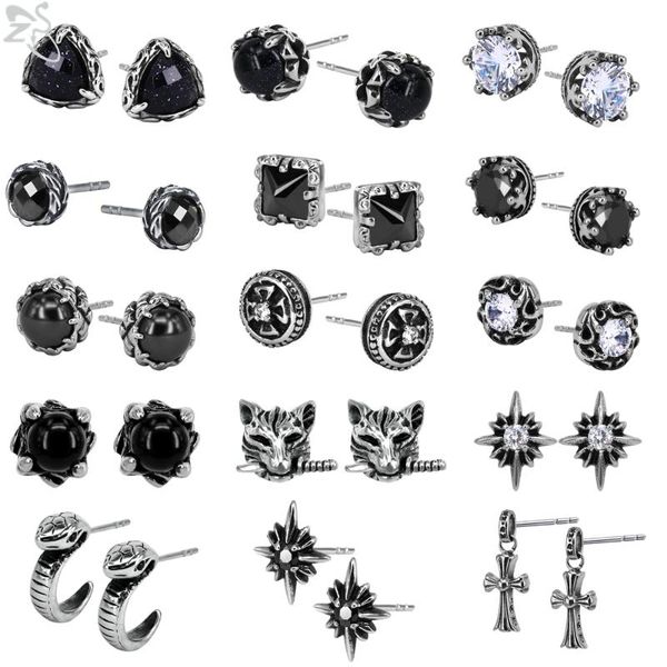 

zs 2 pcs/lot vintage punk stud earring for men retro stainless steel ear studs rock hip-hop cubic zirconia earring clearance, Golden;silver
