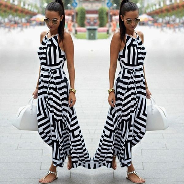 

womens clothing womens designer dress fashion women boho striped dress summer maxi sleeveless beach strap sundress vestidos female, Black;gray