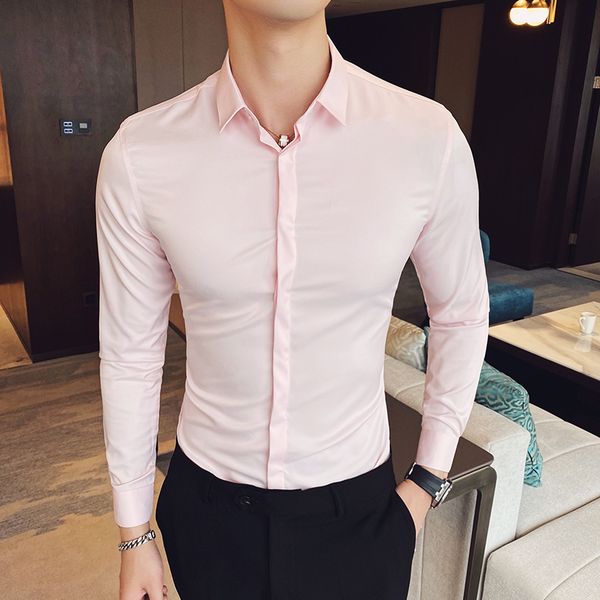 

2020 easy-care shirt men long sleeve slim fit social dress classic shirts mens fashions 6 colors, White;black