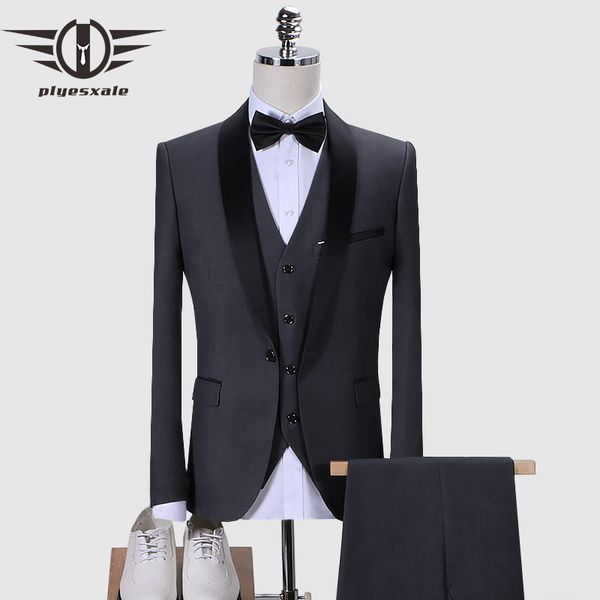

plyesxale dark blue black grey burgundy suit for men 2019 slim fit men's 3 piece wedding suits shawl collar prom tuxedo q168, White;black