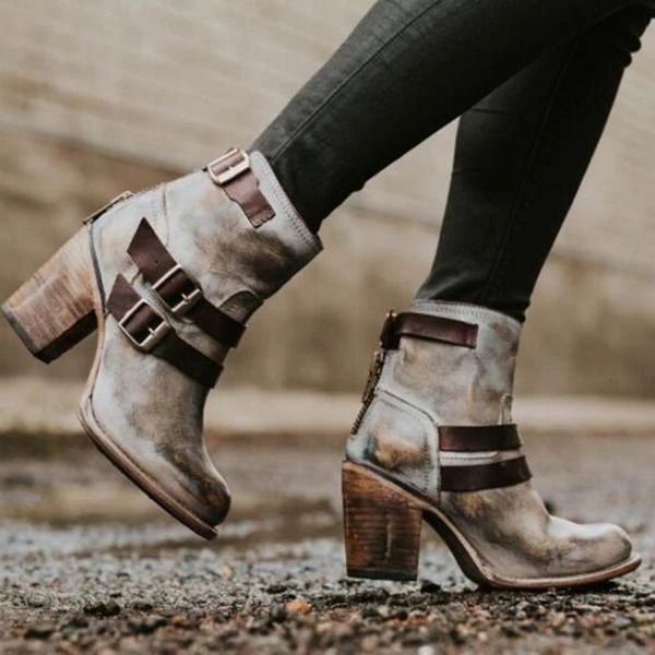

women ankle boots 2019 new pu leather boots ladies casual round toe high heel casual short, Black