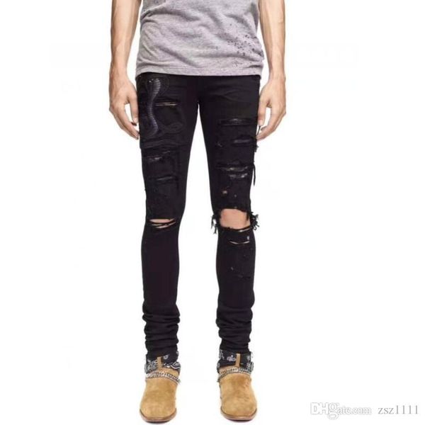 

2018 jeans brand srping biker denim stripe jeans men los angeles street fashion hole blue white black jeans slim skinny pants