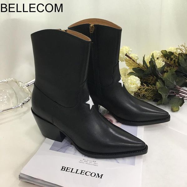 

bellecom new pointed women's mid-boots, true leather, thick-heeled boots, all-round girls'boots boots for women botas, Black