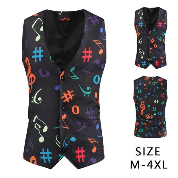 

мужчины карнавал музыкальный примечание печать fancy vest vintage кнопки up party рукавов жилет для джентльмена chalecos chalecos пара hombr, Black;white