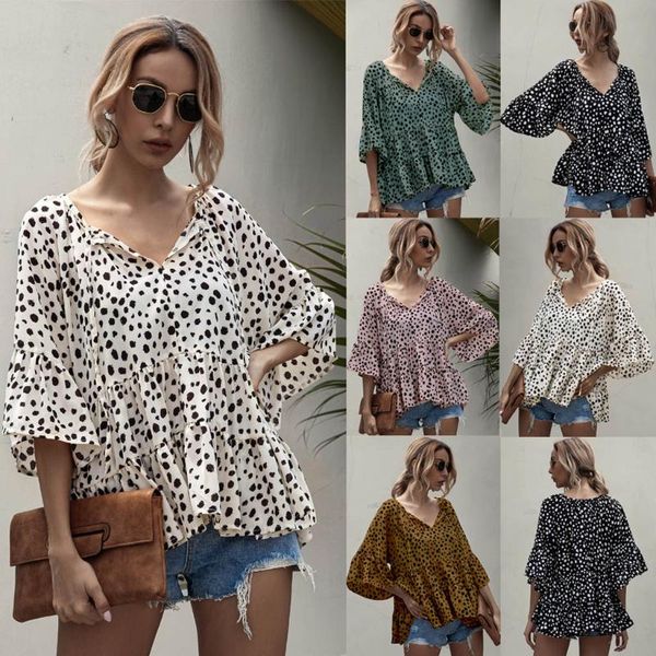 

summer women ruffles blouses ladies elegant v-neck lace-up floral blouse shirts 3/4 sleeve casual female shirts, White