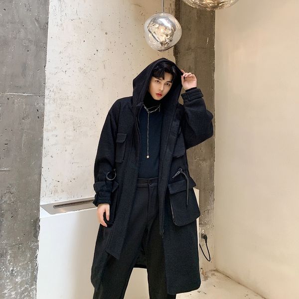 

men vintage fashion loose thick woolen overcoat long jacket male streetwear hooded trench coat windbreaker outerwear, Tan;black