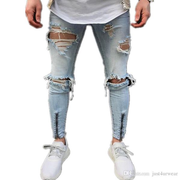

мужские разорванные отверстия high street голубые джинсы ноги zipper fit байкер мода длинные брюки карандаш мужской длинные брюки hip hop то, Blue