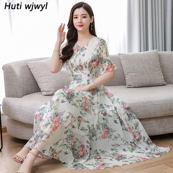 

elegant women party vestidos summer 3xl plus size print boho maxi sundress 2019 vintage floral chiffon bodycon beach midi dress, Black;pink