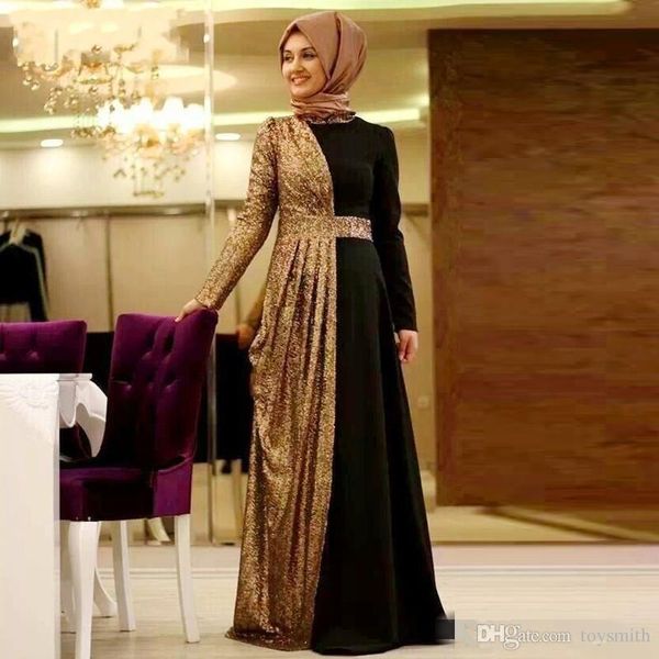 

black gold muslim evening dresses 2019 a-line long sleeves sequins sparkle islamic dubai saudi arabic long elegant evening gown, Black;red
