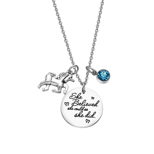 

12 birthstone necklaces crystal unicorn pendant necklace she believe girls women sister friend birthday gift accessories, Silver