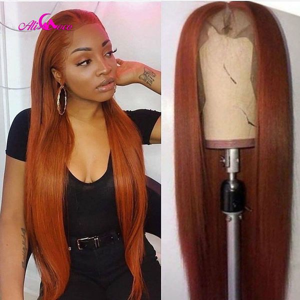 

ali coco 13x4 brazilian straight human hair wigs 28 30 inch 150% orange ginger color brazilian remy long wigs pre plucked, Black