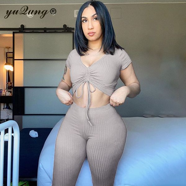 

yuqung women's two piece sets v-neck short sleeve 2020 ruched crop pants female matching sets streetwear tracksuits, White