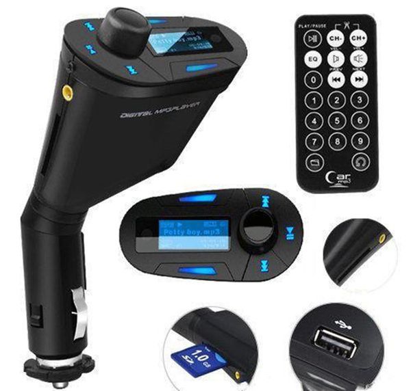 3 5mm áudio azul lcd carro kit mp3 leitor de música remoto sem fio transmissor fm modulador rádio automático usb sd mmc carros amplificadores181f