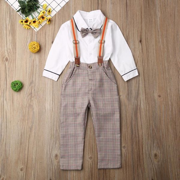 

2pcs kids baby boys gentleman formal outfits tie shirt bib pants plaid overalls set outfits autumn clothing, White