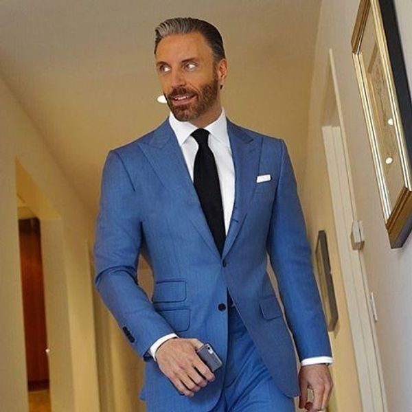 Azul Noivo Smoking pico lapela Men Wedding Tuxedo Popular Men Jacket Blazer Men Jantar / Darty Suit Custom Made (Jacket + Calças + Tie) 1277