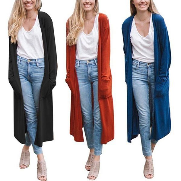 

casual women autumn solid color long sleeve big pockets thin cardigan loose coat solid color simple in design easy to match, Tan;black