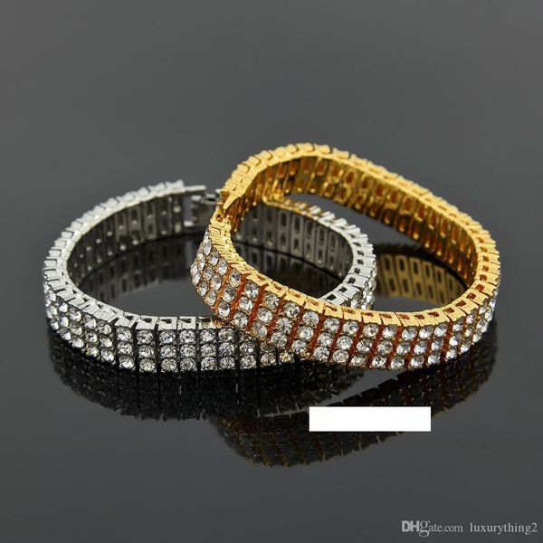 

8 inch hiphop diamond tennis gold silver bracelets iced out chain for mens gold plated three row rhinestone bracelets, Golden;silver