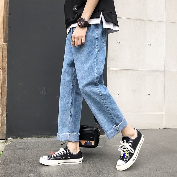 

2019 autumn new korean wide-legged tide willow thin old loose straight nine points simple men harlan casual jeans, Blue