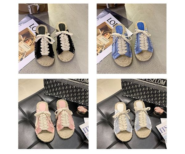 

outdoor slippers female summer 2020 new chi linen sandals female flat casual lace-up straw shoes, Black