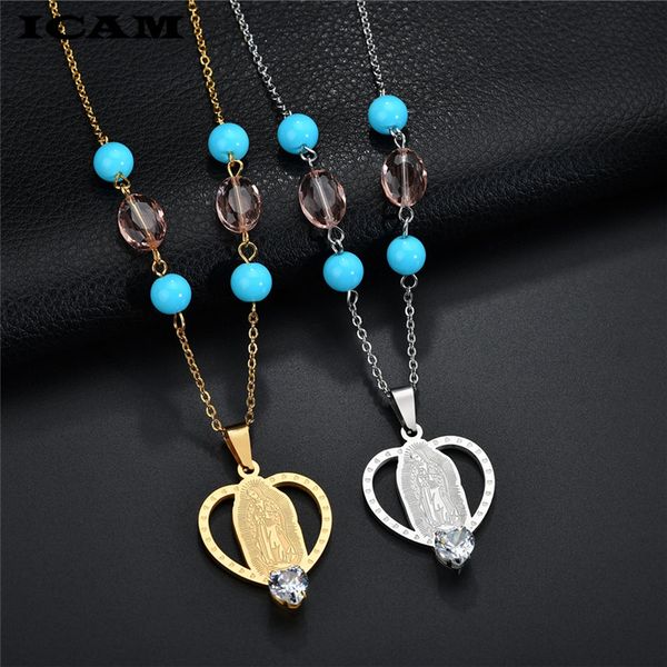 

icam rosary necklace jesus christ heart pendant necklaces bead long chain mens women virgin mary christian fashion jewelry, Silver