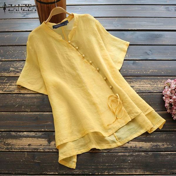 

2020 summer solid cotton linen blouse zanzea women short sleeve shirt vintage casual lace up buttons tunic female blusas, White
