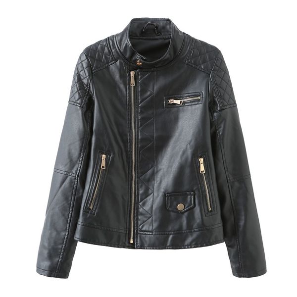 

2019 new fashion women autumn winter black faux leather jackets zipper basic coat standing collar biker jacket