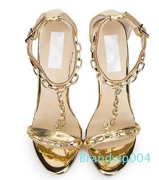 

gold metal chain designer shoes summer high heels gladiator sandals leather party runway t strap shoes woman, Black