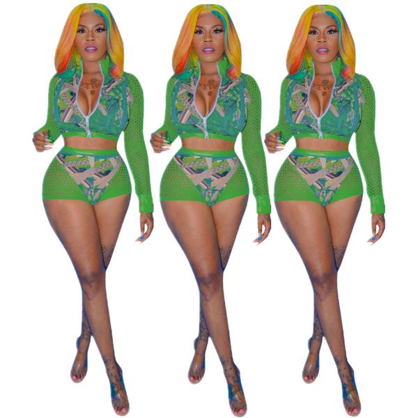 

women summer two piece outfits tracksuits gauze grid see through print patchwork long sleeve zipper up shorts suit two piece set, White