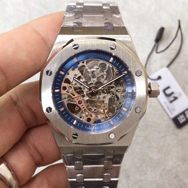

luxury mens watch 15407st 42mm blue skeleton dial hollow back cover automatic mechanical stainless steel strap wristwatch, Slivery;brown