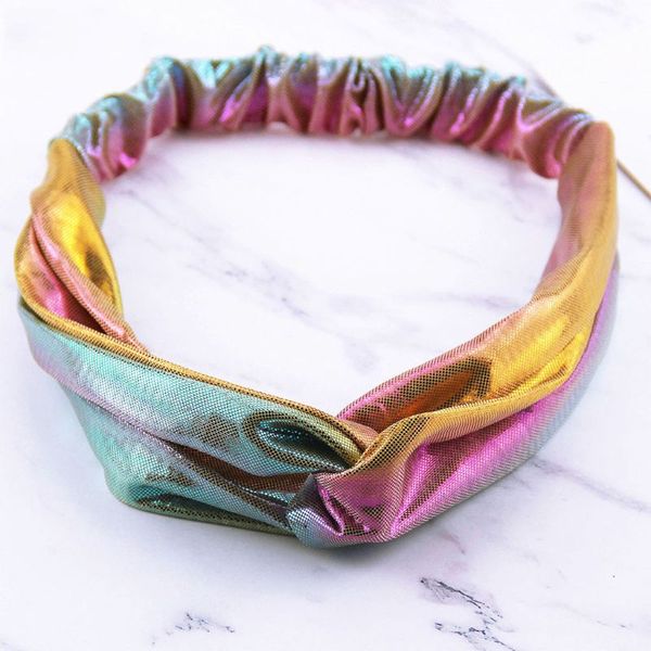 

women girls glitter metallic rainbow headband stretchy mermaid gradient color hair band twist knotted dancing turban headwrap
