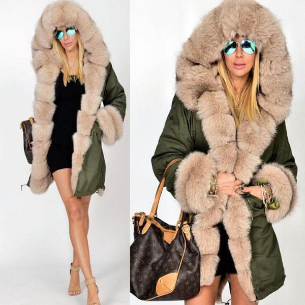

womens faux fur parka long coat ladies camouflage new 2018 winter padded jacket fur collar hooded overcoat plus size 4xl 5xl, Black