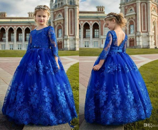 Azul Royal Flor Meninas Vestidos de Manga Longa Rendas Apliques de Jóia Do Pescoço Até O Chão Meninas Vestidos de Baile Para O Casamento Primeira Comunhão Vestido