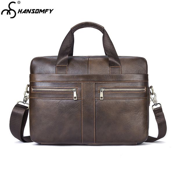 

2018 genuine leather men business briefcase first layer cowhide men's 14" laphandbag cross section shoulder messenger bags