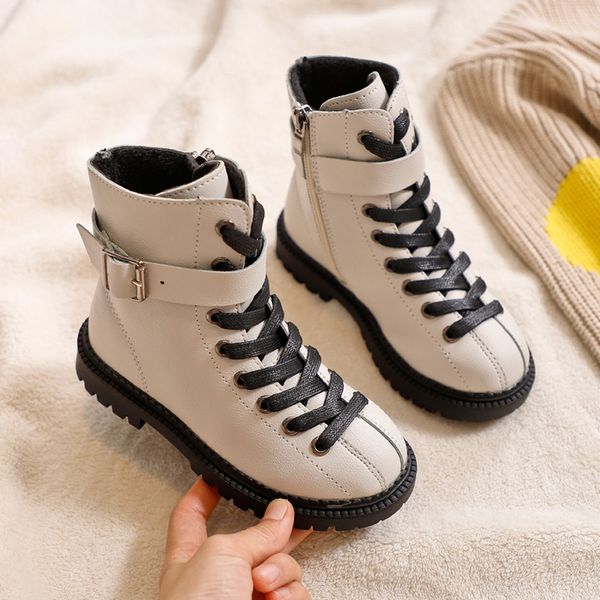 

leather boots girls winter 2019 solid anti-slip baby girls casual lace-up buckle strap ankle sport shoes rubber boots for, Black;grey
