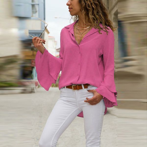 

woman blouses casual loose ruffle long sleeve v-neck single breasted 2019 women's shirts solid, White