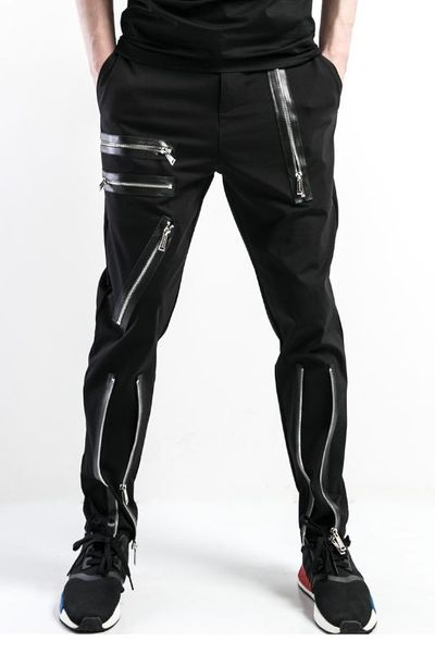 

2018 s-6xl большие ярды мужские брюки мужские повседневные брюки личность тренд молнии брюки мужской тонкий h одежда певца, Black