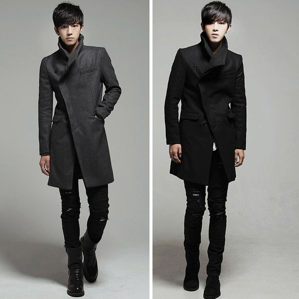 

england style warm mens coats 2018 winter fashion turn down collar wool blend coat and jacketsingle breaste male coats, Black