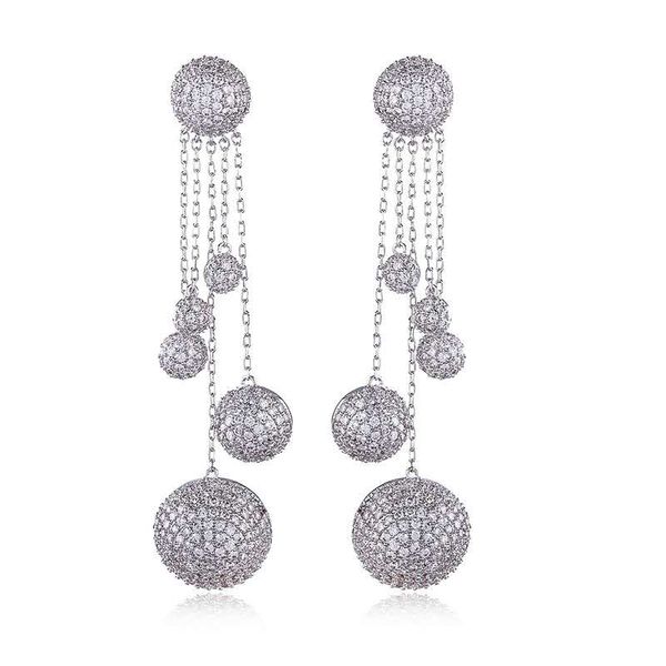 

european and american exaggerated earrings high-grade micro-inlaid zircon long fringed spherical earrings female copper zircon earrings whol, Silver