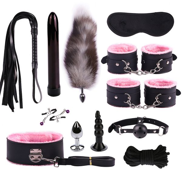 12PCS BDSM Sex Bondage Set Coleiras chicote corda Sex Toys Para Casais Mulheres Gay mamilo grampos Vibrador Anal Butt Plug cauda J1119