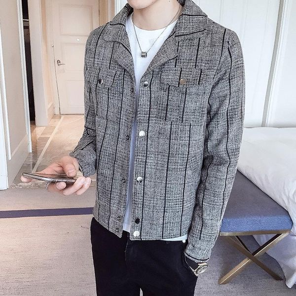 

2019 mens vintage plaid slim coats streetwear hip hop gray short jacket coat men fashion coat outwear, Black;brown