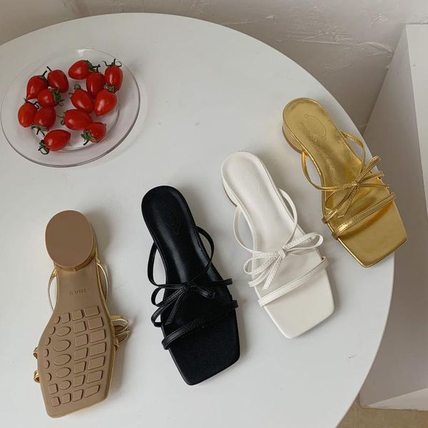 

thin heels female shoes med slippers casual butterfly-knot slides heeled mules gold sandals 2020 luxury summer high rome fabric, Black