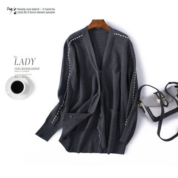 

womens designer season v-neck coat heavy beaded solid color cardigan long sleeve loose elegant temperament3pu8, Black;brown