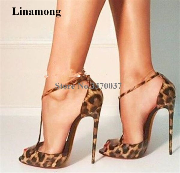 Mais novo Moda Mulheres Marca Design Peep Toe Leopardo Patente Patente Stiletto Heel Bombas T-Strap High Saltos Formal Dress Sapatos