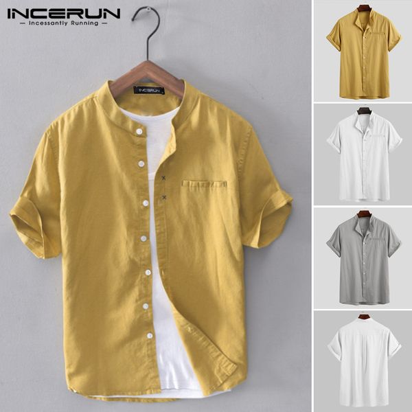 

incerun solid color shirt men cotton short sleeve summer chic 2020 streetwear casual blouse harajuku button breathable camisas, White;black