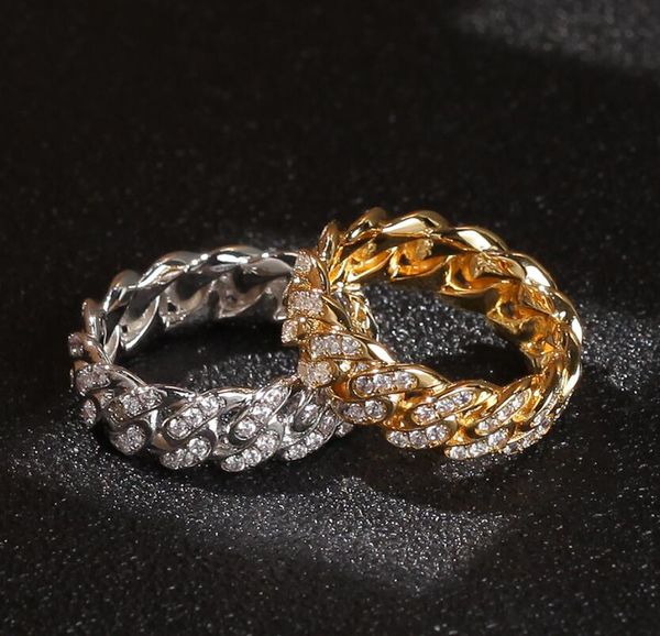 

fashion hip-hop zircon cuban chain ring 8mm zircon-plated genuine gold/silver trend men's jewelry size 8-11, Golden;silver