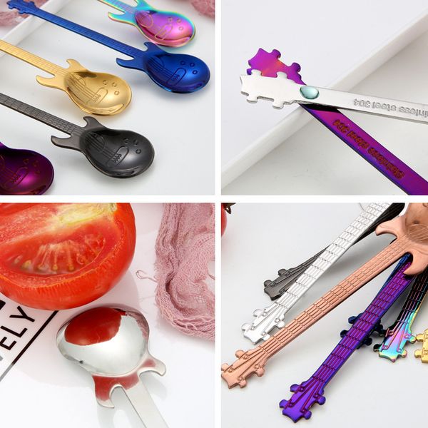 

2020 guitar spoon vacuum plating music bar stainless steel coffee spoon long handle teaspoon drink tableware dessert spoon