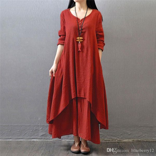 

wholesale fashion women autumn cotton linen boho solid long maxi dress casual loose long sleeve v-neck dress vestidos plus size hot, Black;gray